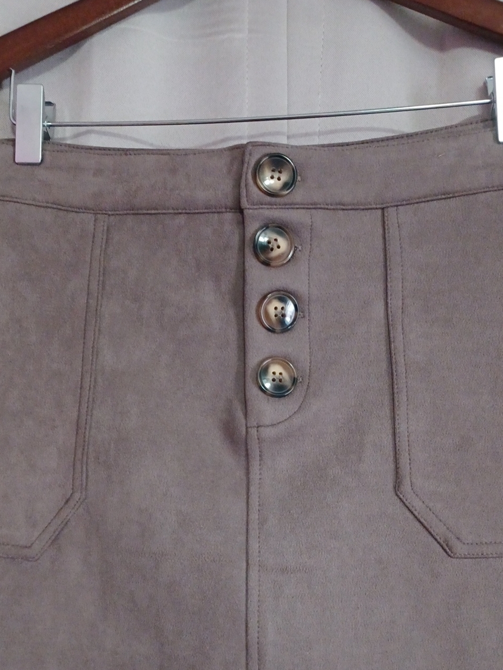 HYFVE Taupe Faux Suede A-Line Mini Skirt Button Closure Pockets High Waisted - Picture 3 of 16